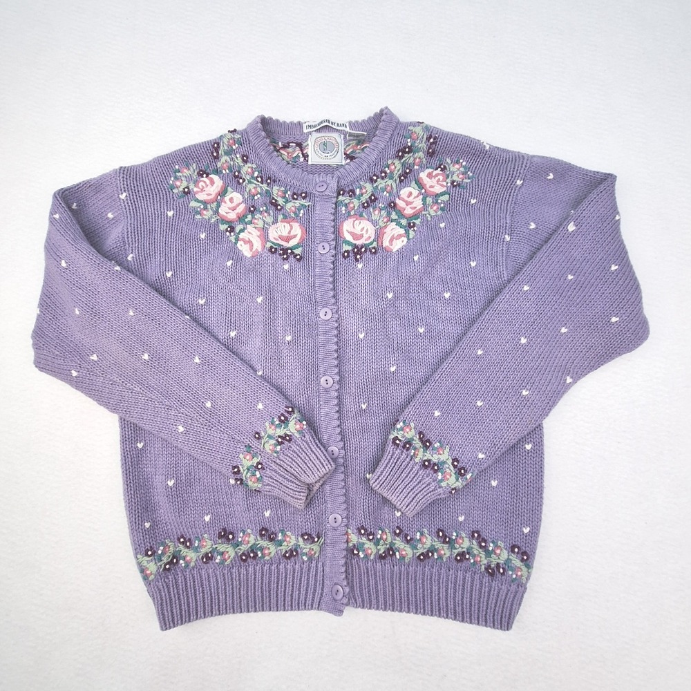 Cape Isle Knitters Cardigan Womens Small Purple Hand Embroidered Floral Vintage